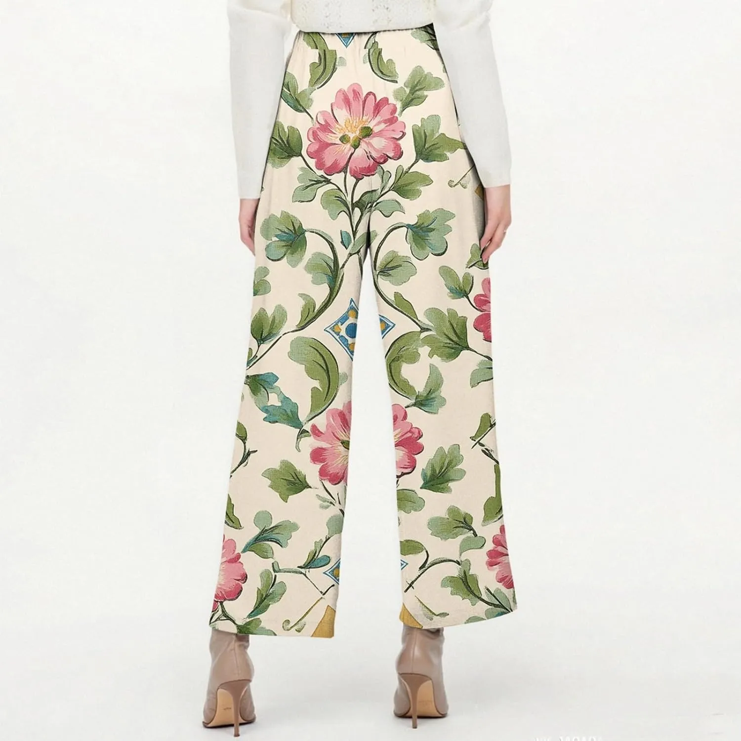 Womens Pants Boho Floral Linen Pants Elastic Waisted Casual Cotton Linen Drawstring Summer Beach Vacation Trouser