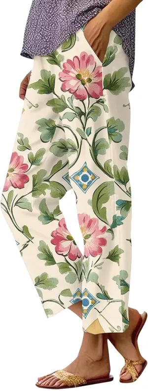 Womens Pants Boho Floral Linen Pants Elastic Waisted Casual Cotton Linen Drawstring Summer Beach Vacation Trouser