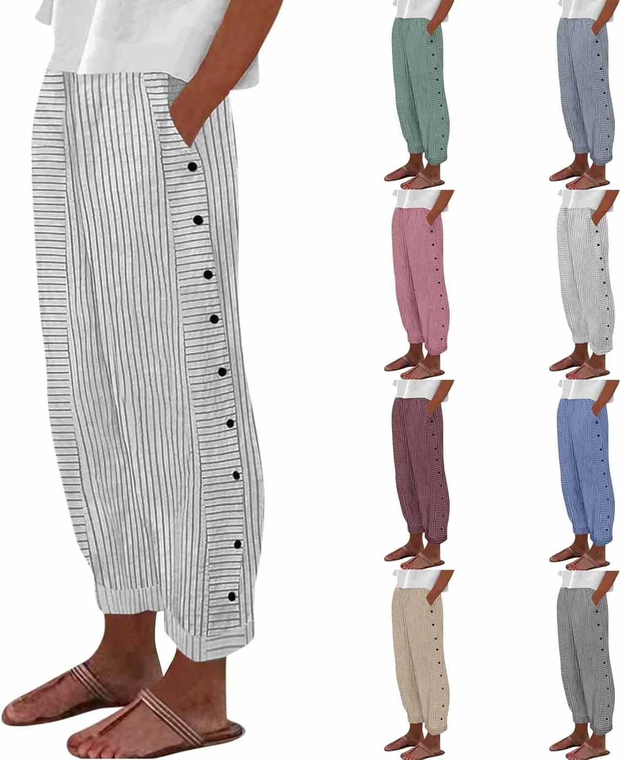 Women's Pants Summer Striped Wide Leg Pants Side Button Lightweight Beach Elastic Waist Casual Cropped Pant w/Pockets