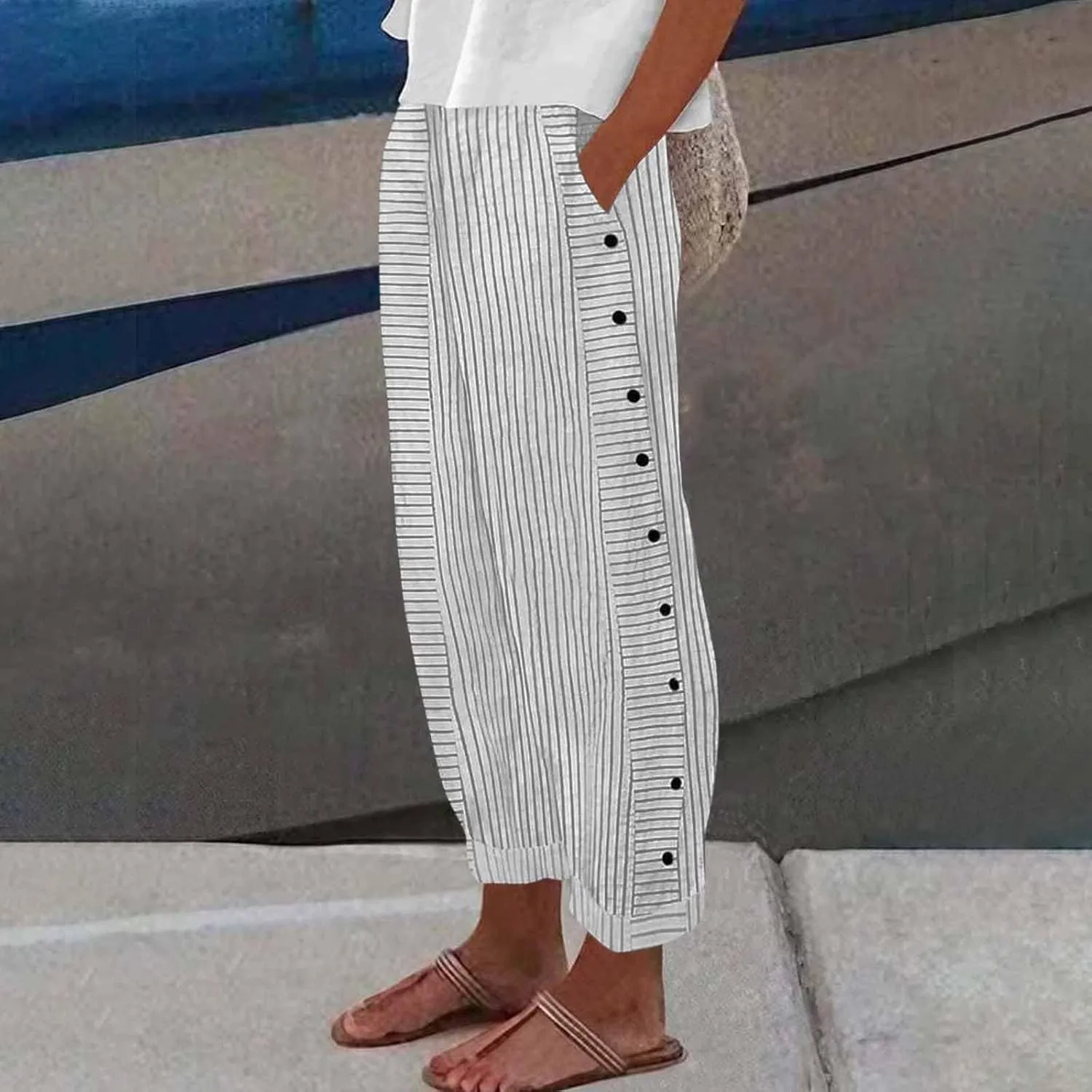 Women's Pants Summer Striped Wide Leg Pants Side Button Lightweight Beach Elastic Waist Casual Cropped Pant w/Pockets