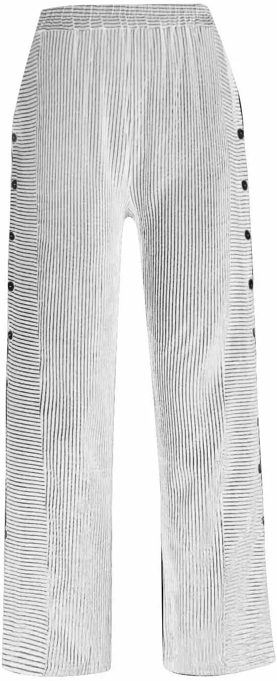 Women's Pants Summer Striped Wide Leg Pants Side Button Lightweight Beach Elastic Waist Casual Cropped Pant w/Pockets