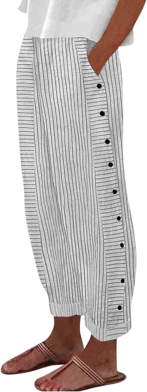 Women's Pants Summer Striped Wide Leg Pants Side Button Lightweight Beach Elastic Waist Casual Cropped Pant w/Pockets