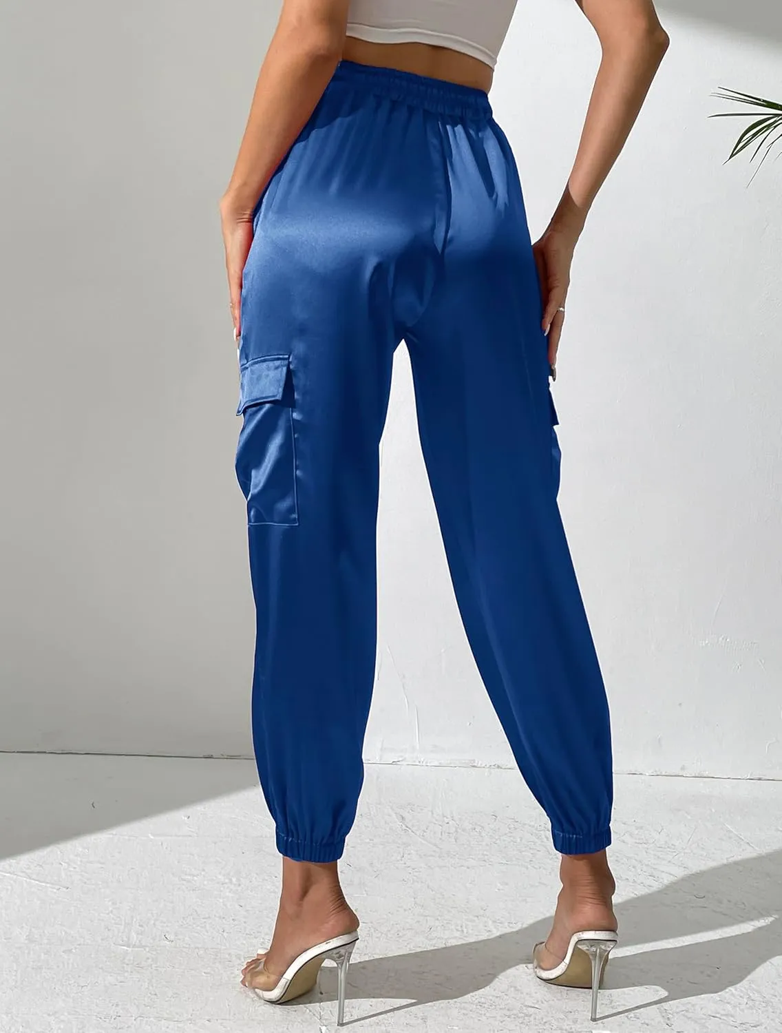 Women's Satin Cargo Joggers Pants Dressy Casual Silky Elastic High Waist Trousers