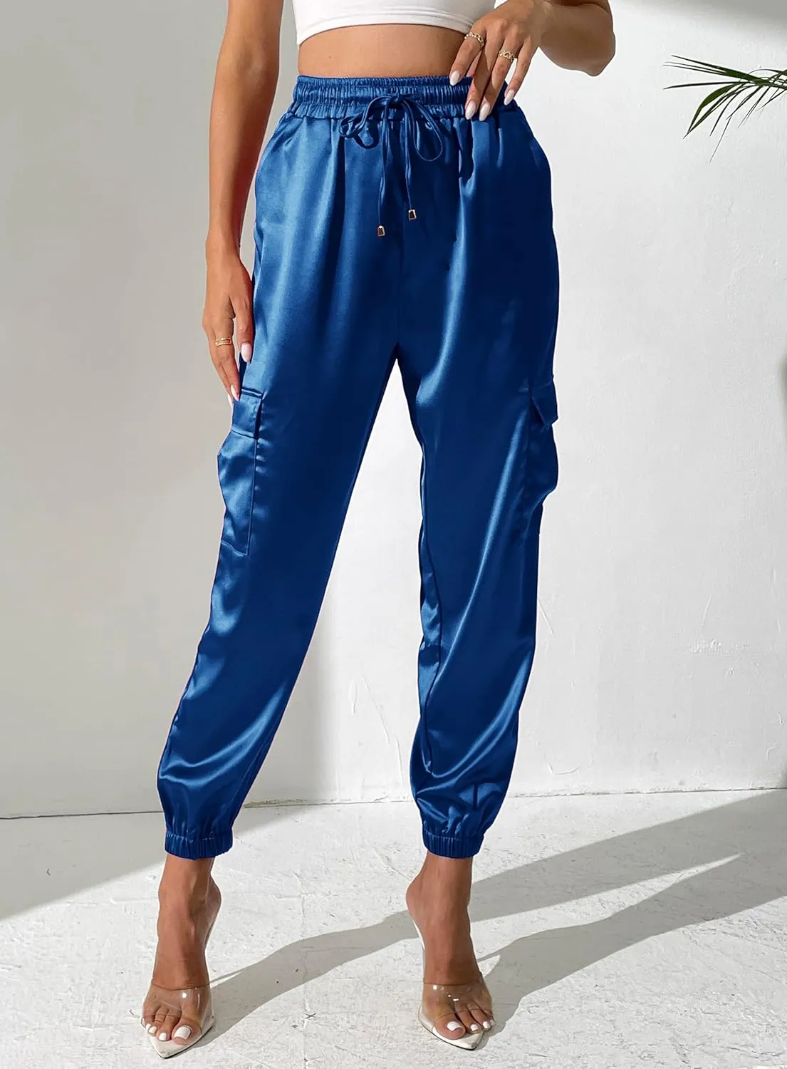 Women's Satin Cargo Joggers Pants Dressy Casual Silky Elastic High Waist Trousers