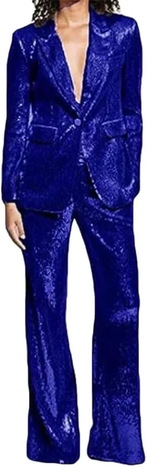 Women's Sequined Fashion Suit Set One Button 2 Piece Wedding Tuxedos Blazer Pants Prom Party Outfit