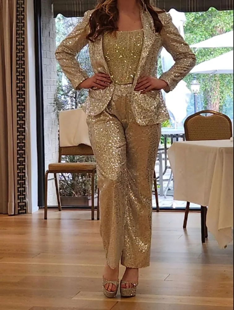 Women's Sequined Fashion Suit Set One Button 2 Piece Wedding Tuxedos Blazer Pants Prom Party Outfit