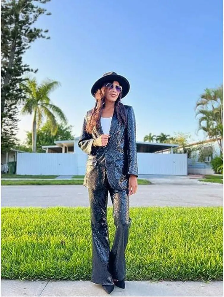 Women's Sequined Fashion Suit Set One Button 2 Piece Wedding Tuxedos Blazer Pants Prom Party Outfit