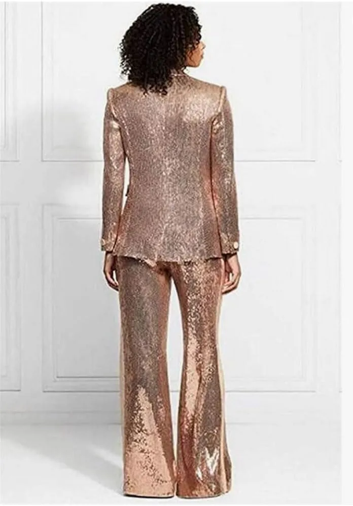 Women's Sequined Fashion Suit Set One Button 2 Piece Wedding Tuxedos Blazer Pants Prom Party Outfit