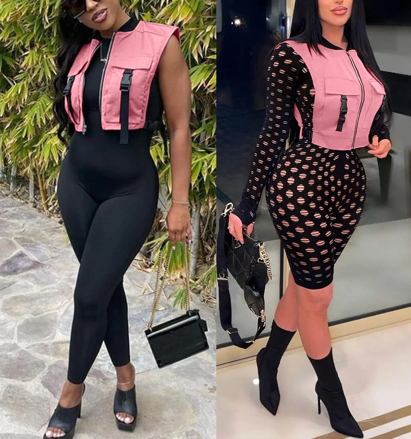 Women's Sexy Crop Cargo Vest Sleeveless Buckle Zip Up Vest Jacket Tops Steampunk Streetwear with Pockets