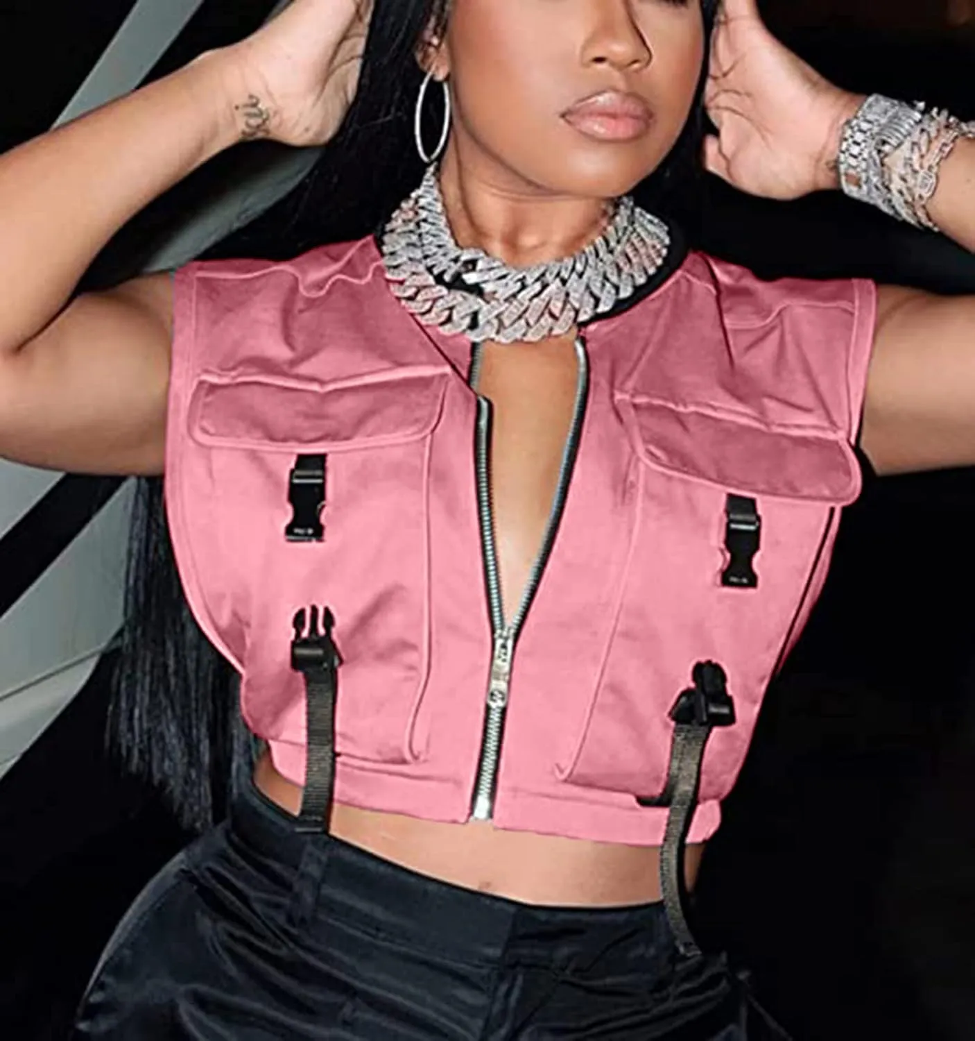 Women's Sexy Crop Cargo Vest Sleeveless Buckle Zip Up Vest Jacket Tops Steampunk Streetwear with Pockets