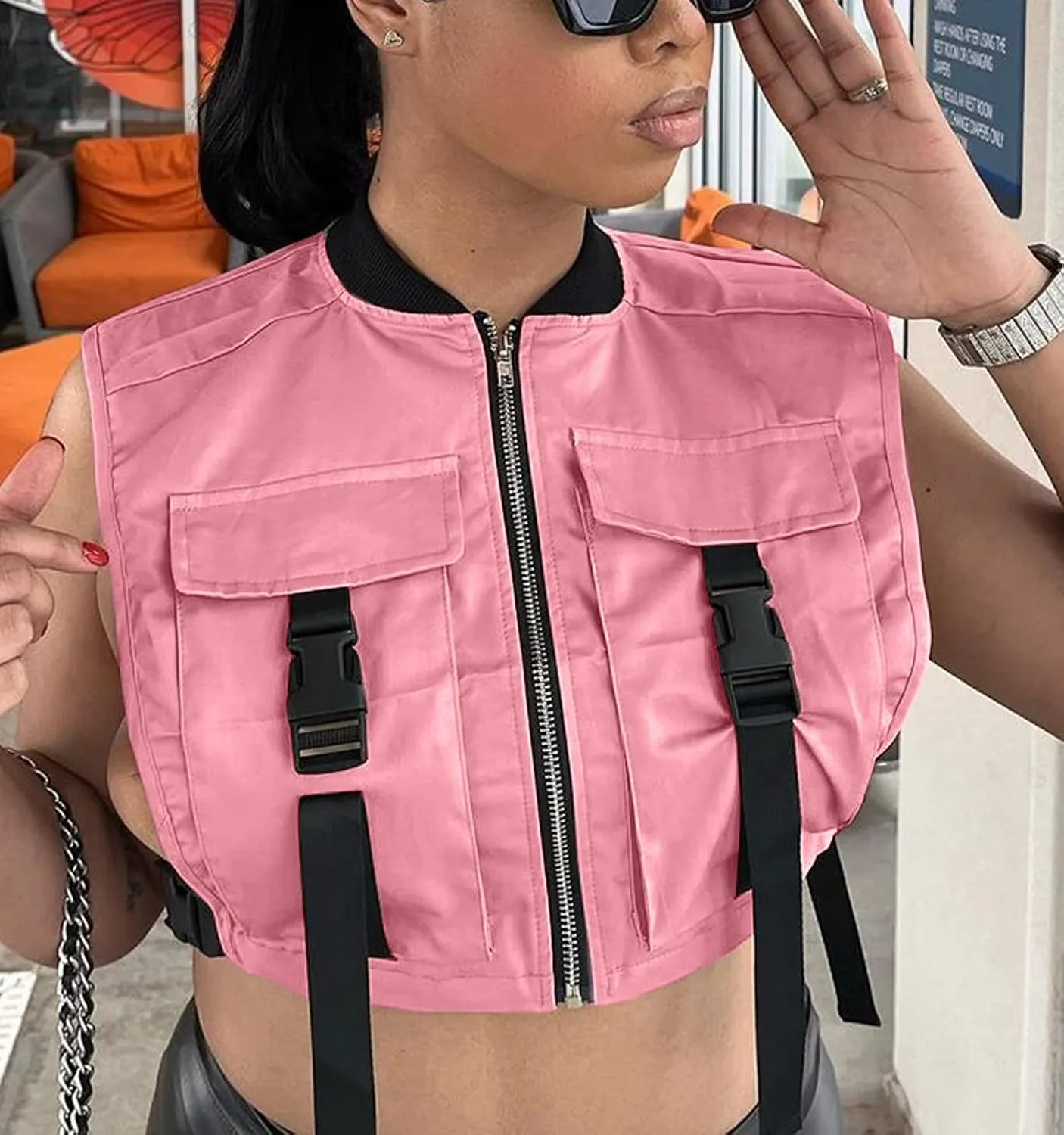Women's Sexy Crop Cargo Vest Sleeveless Buckle Zip Up Vest Jacket Tops Steampunk Streetwear with Pockets