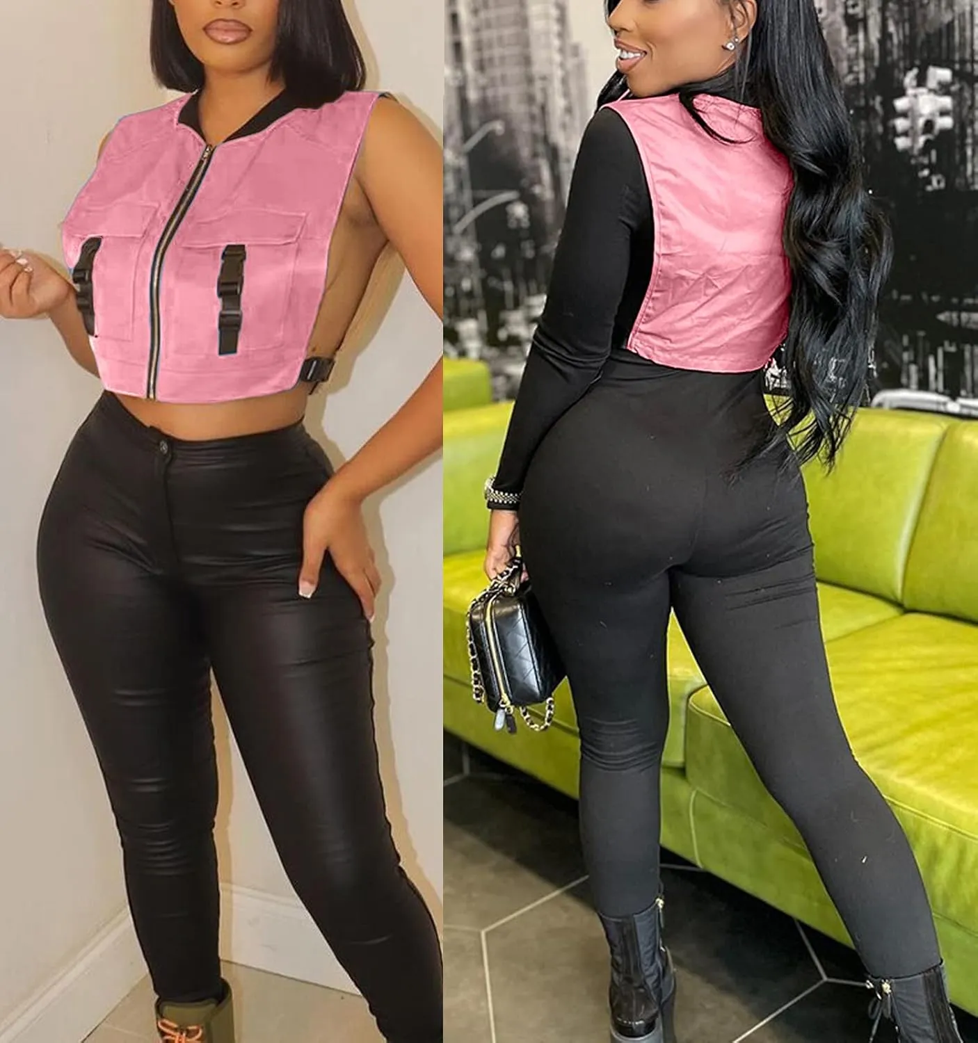 Women's Sexy Crop Cargo Vest Sleeveless Buckle Zip Up Vest Jacket Tops Steampunk Streetwear with Pockets
