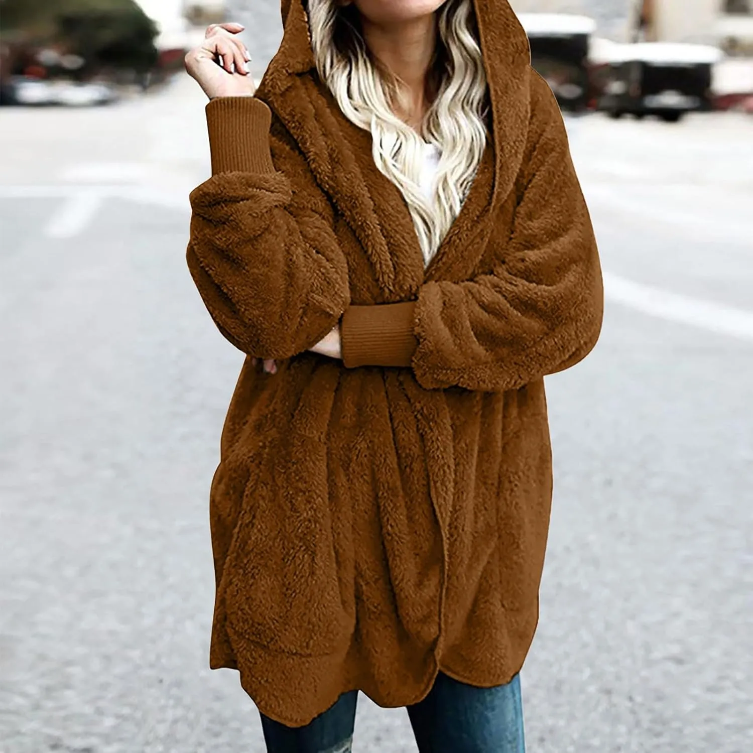 Womens Sherpa Jacket Comfy Fleece Hoodies Fuzzy Jacket Oversized Open Front Cardigan Teddy Coat Outerwear with Pocket