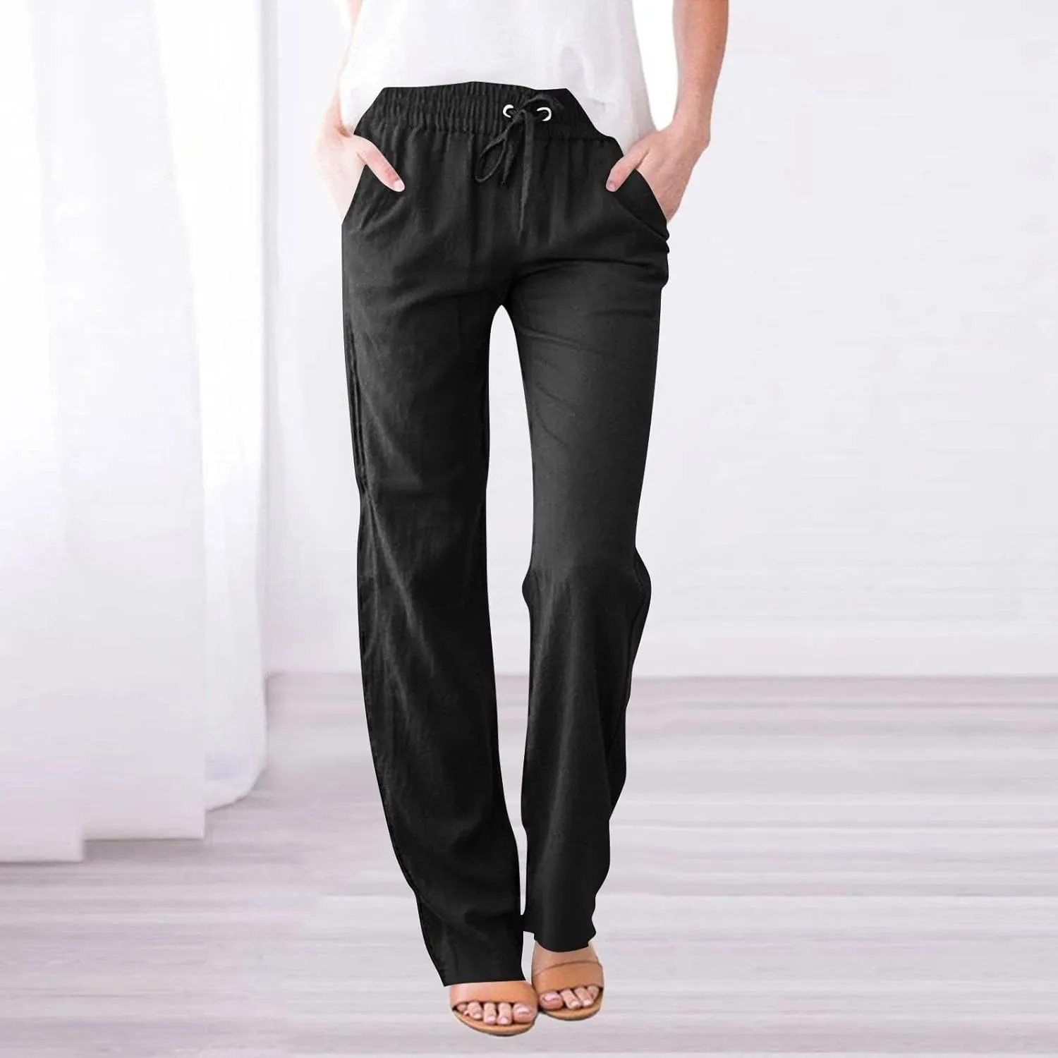 Women's Solid Color Cotton & Linen Drawstring Loose Casual Wide Leg Long Dressy Fashion Pants (Without Pendant)