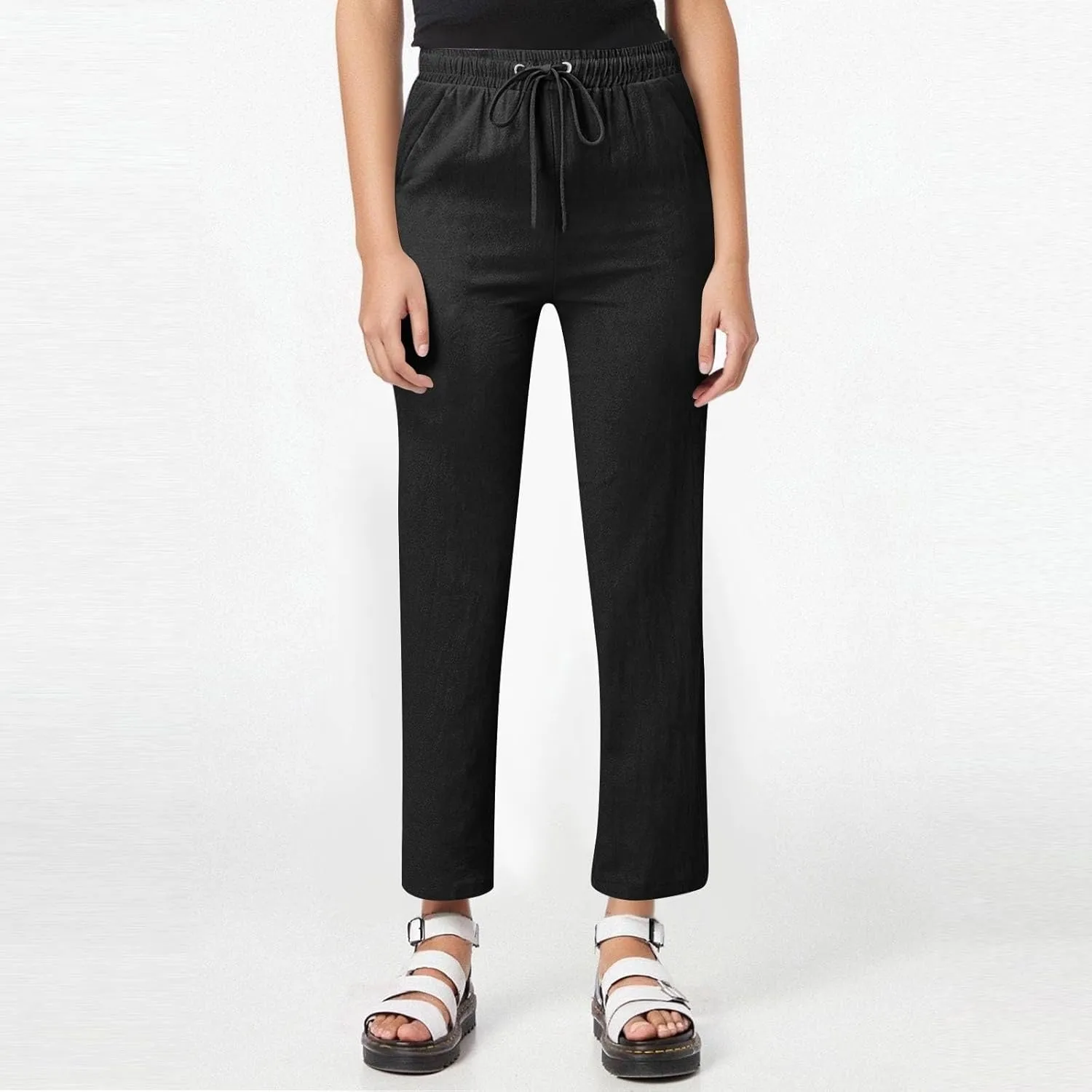 Women's Solid Color Cotton & Linen Drawstring Loose Casual Wide Leg Long Dressy Fashion Pants (Without Pendant)