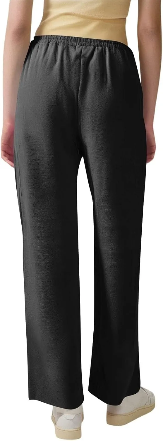 Women's Solid Color Cotton & Linen Drawstring Loose Casual Wide Leg Long Dressy Fashion Pants (Without Pendant)