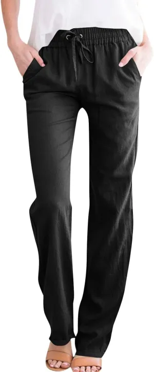 Women's Solid Color Cotton & Linen Drawstring Loose Casual Wide Leg Long Dressy Fashion Pants (Without Pendant)
