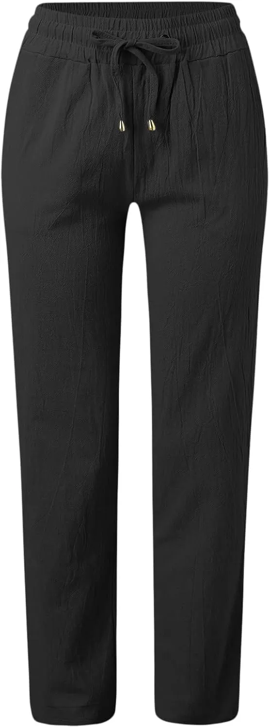 Womens Striped Pants and Straight Solid Elastic Pants Long Drawstring Women Waist Cotton Wide Leg High Waisted