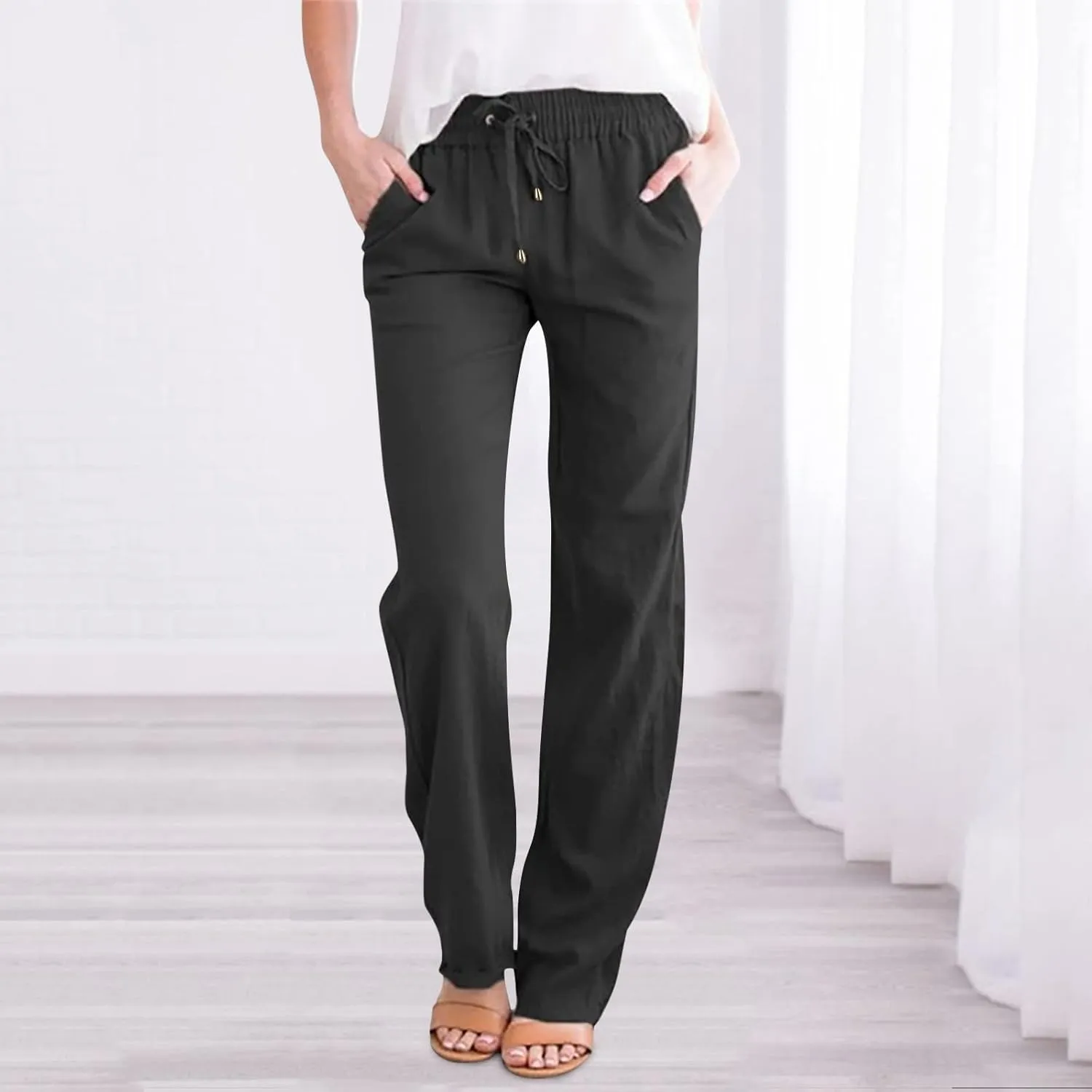 Womens Striped Pants and Straight Solid Elastic Pants Long Drawstring Women Waist Cotton Wide Leg High Waisted