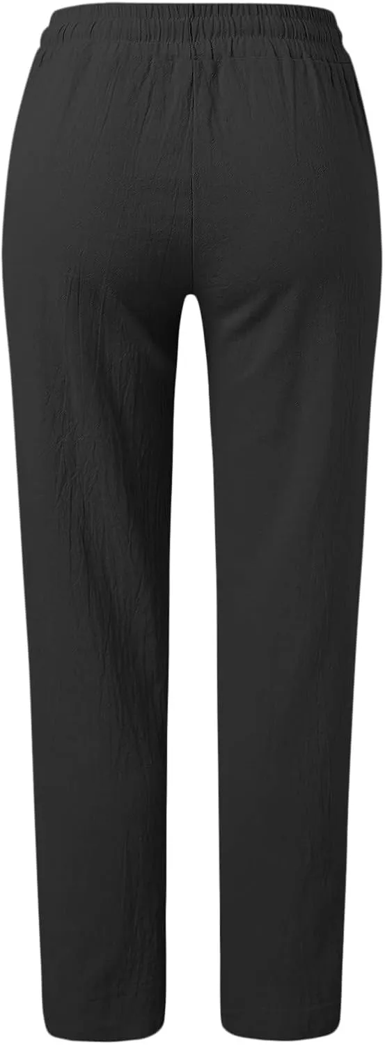Womens Striped Pants and Straight Solid Elastic Pants Long Drawstring Women Waist Cotton Wide Leg High Waisted