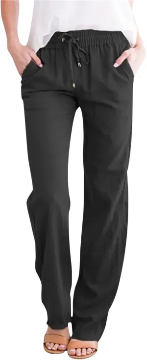 Womens Striped Pants and Straight Solid Elastic Pants Long Drawstring Women Waist Cotton Wide Leg High Waisted