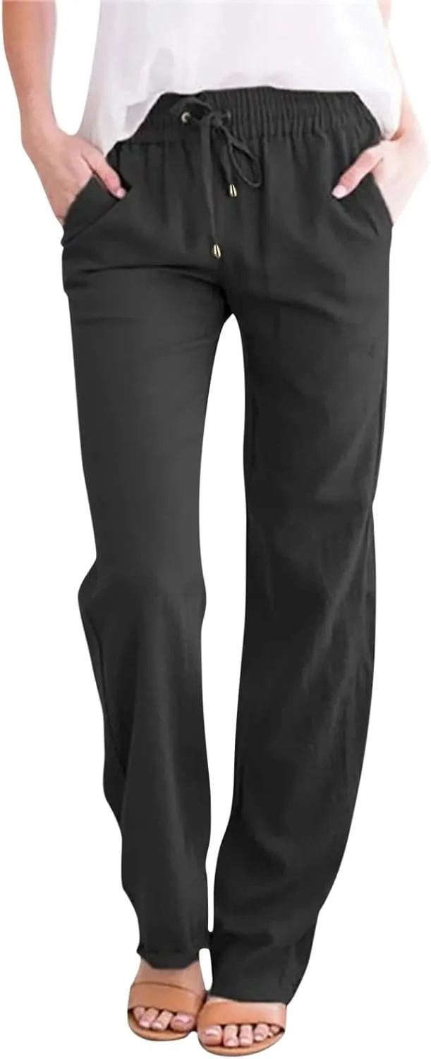 Womens Striped Pants and Straight Solid Elastic Pants Long Drawstring Women Waist Cotton Wide Leg High Waisted