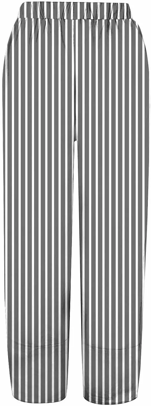 Women's Striped Printed Elastic High Waist Cropped Pants Wide Leg Casual Summer Beach Trousers for Women with Pocket
