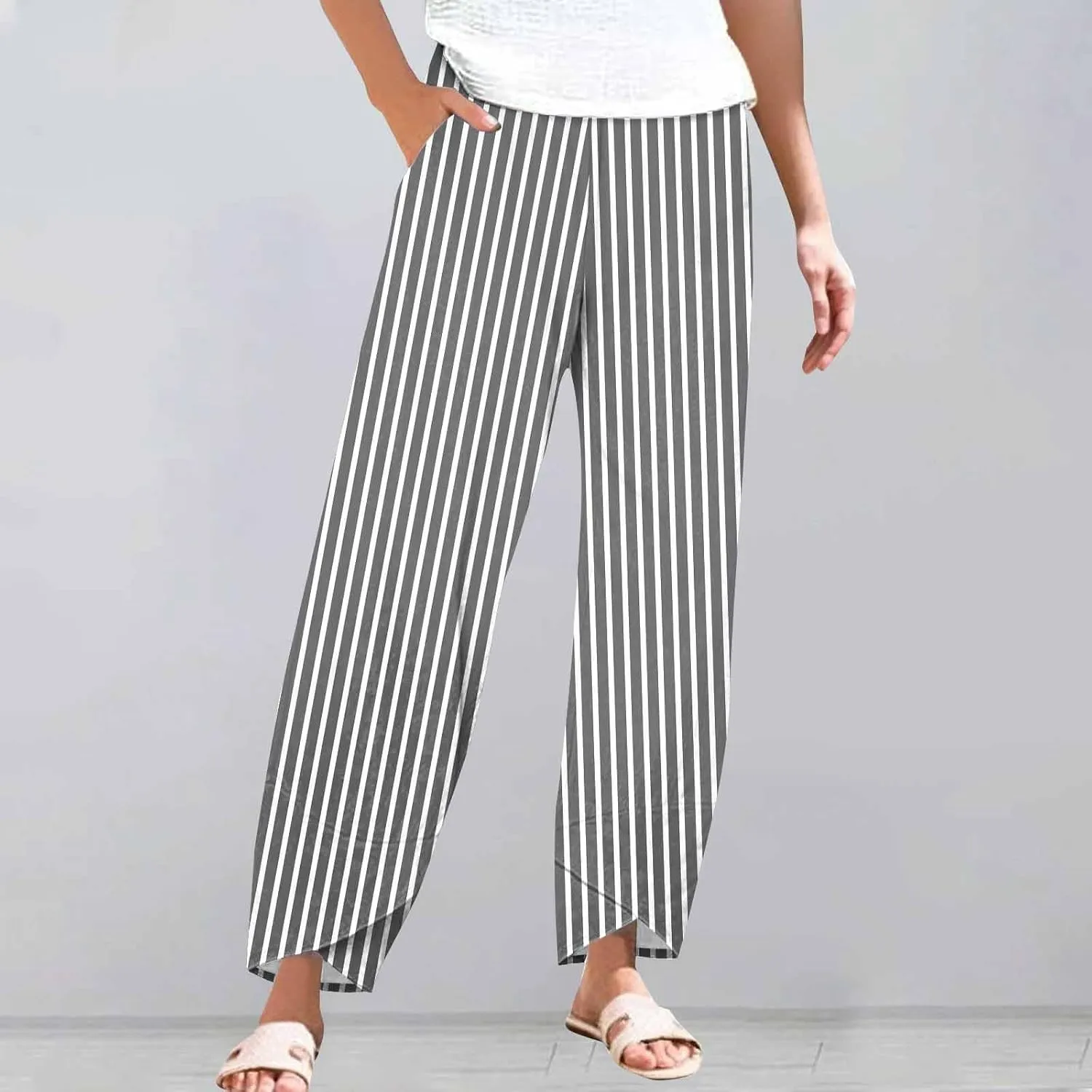 Women's Striped Printed Elastic High Waist Cropped Pants Wide Leg Casual Summer Beach Trousers for Women with Pocket