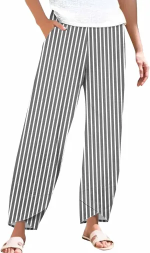 Women's Striped Printed Elastic High Waist Cropped Pants Wide Leg Casual Summer Beach Trousers for Women with Pocket