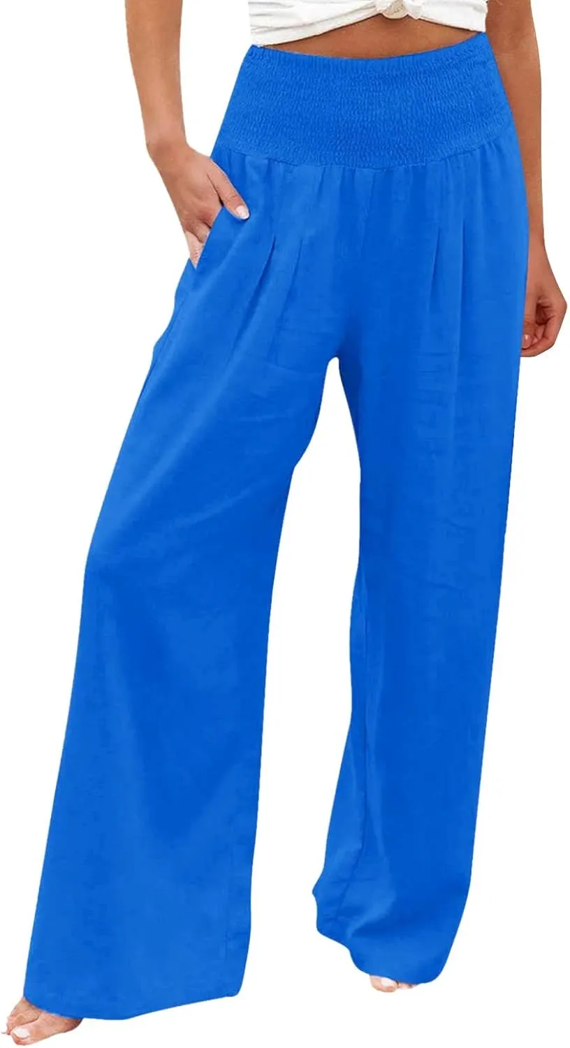 Women's Summer Cotton Linen Wide Leg Pants Drawstring high Waist Palazzo Flowy Beach Trousers