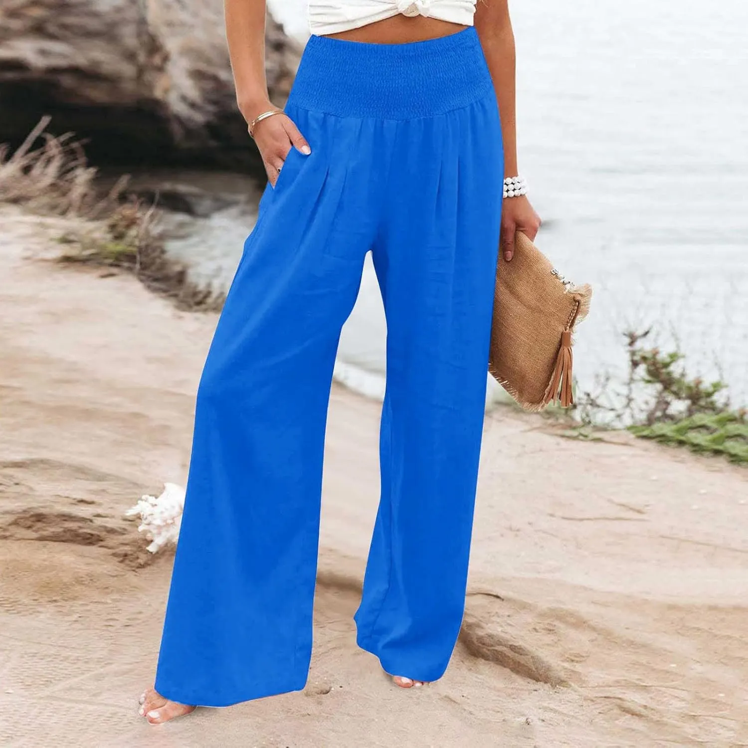 Women's Summer Cotton Linen Wide Leg Pants Drawstring high Waist Palazzo Flowy Beach Trousers