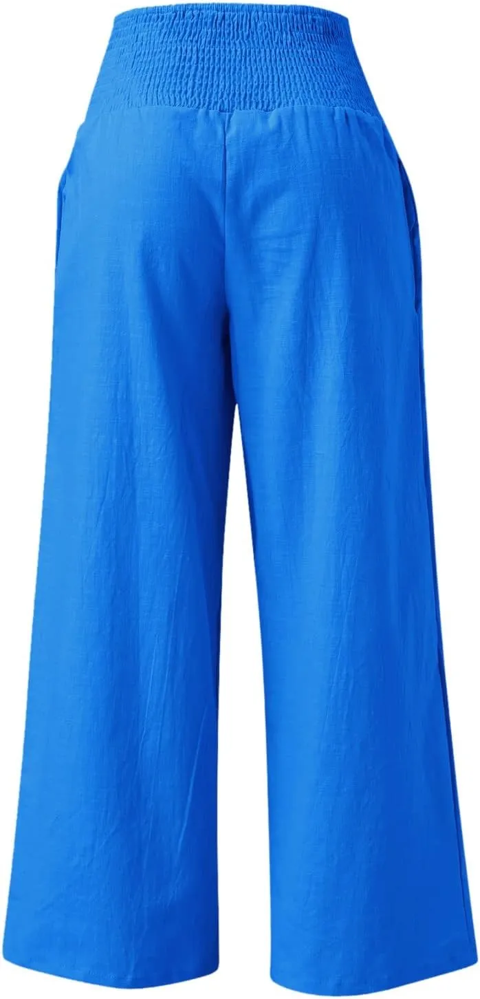 Women's Summer Cotton Linen Wide Leg Pants Drawstring high Waist Palazzo Flowy Beach Trousers