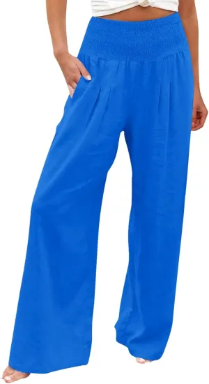 Women's Summer Cotton Linen Wide Leg Pants Drawstring high Waist Palazzo Flowy Beach Trousers