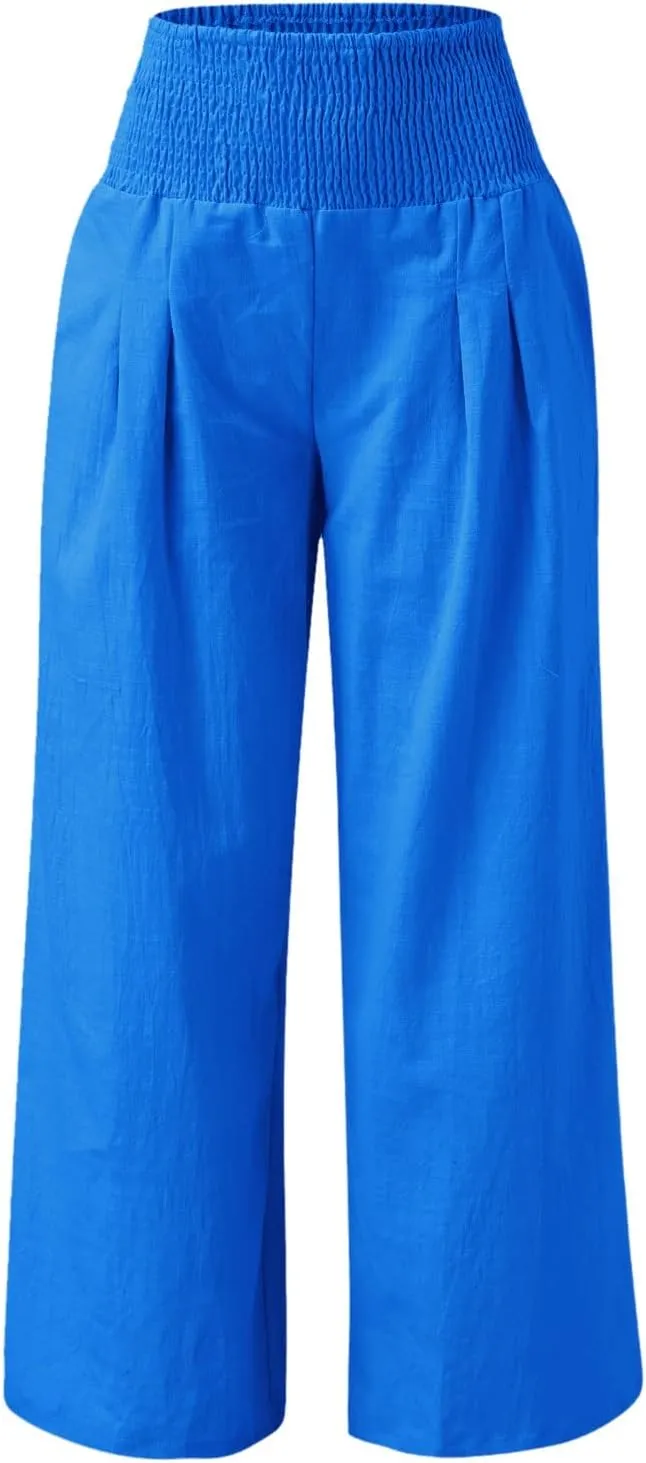 Women's Summer Cotton Linen Wide Leg Pants Drawstring high Waist Palazzo Flowy Beach Trousers