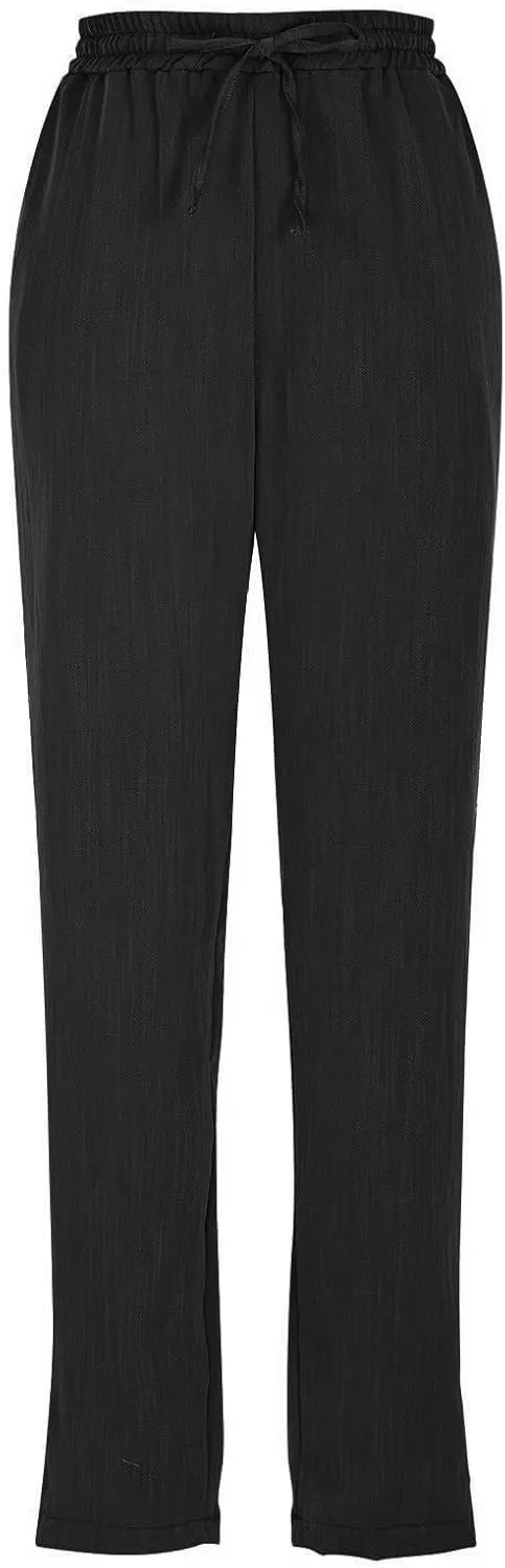 Women's Summer Drawstring Pants Wide Leg Loose Linen Capri Pants Elastic Waist Petite Casual Trousers with Pockets