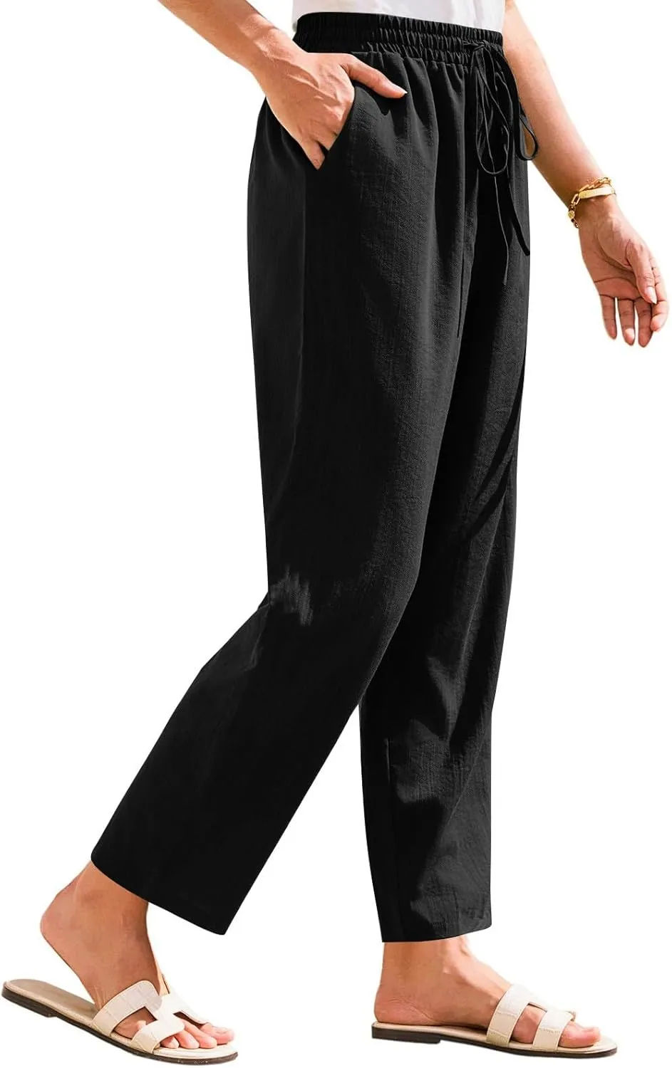 Women's Summer Drawstring Pants Wide Leg Loose Linen Capri Pants Elastic Waist Petite Casual Trousers with Pockets