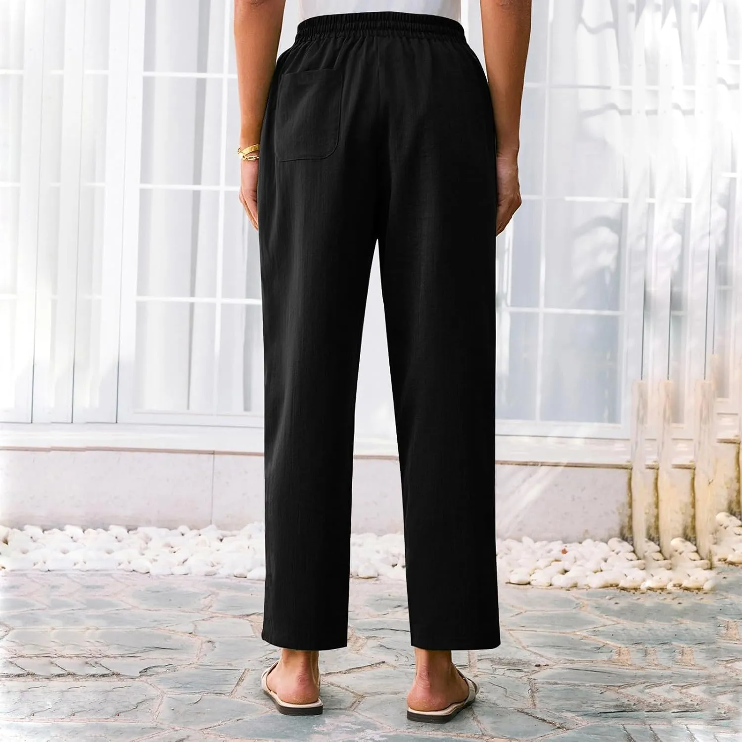 Women's Summer Drawstring Pants Wide Leg Loose Linen Capri Pants Elastic Waist Petite Casual Trousers with Pockets