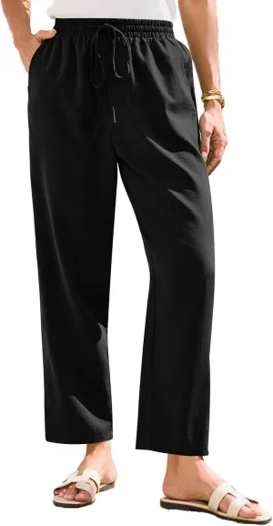 Women's Summer Drawstring Pants Wide Leg Loose Linen Capri Pants Elastic Waist Petite Casual Trousers with Pockets