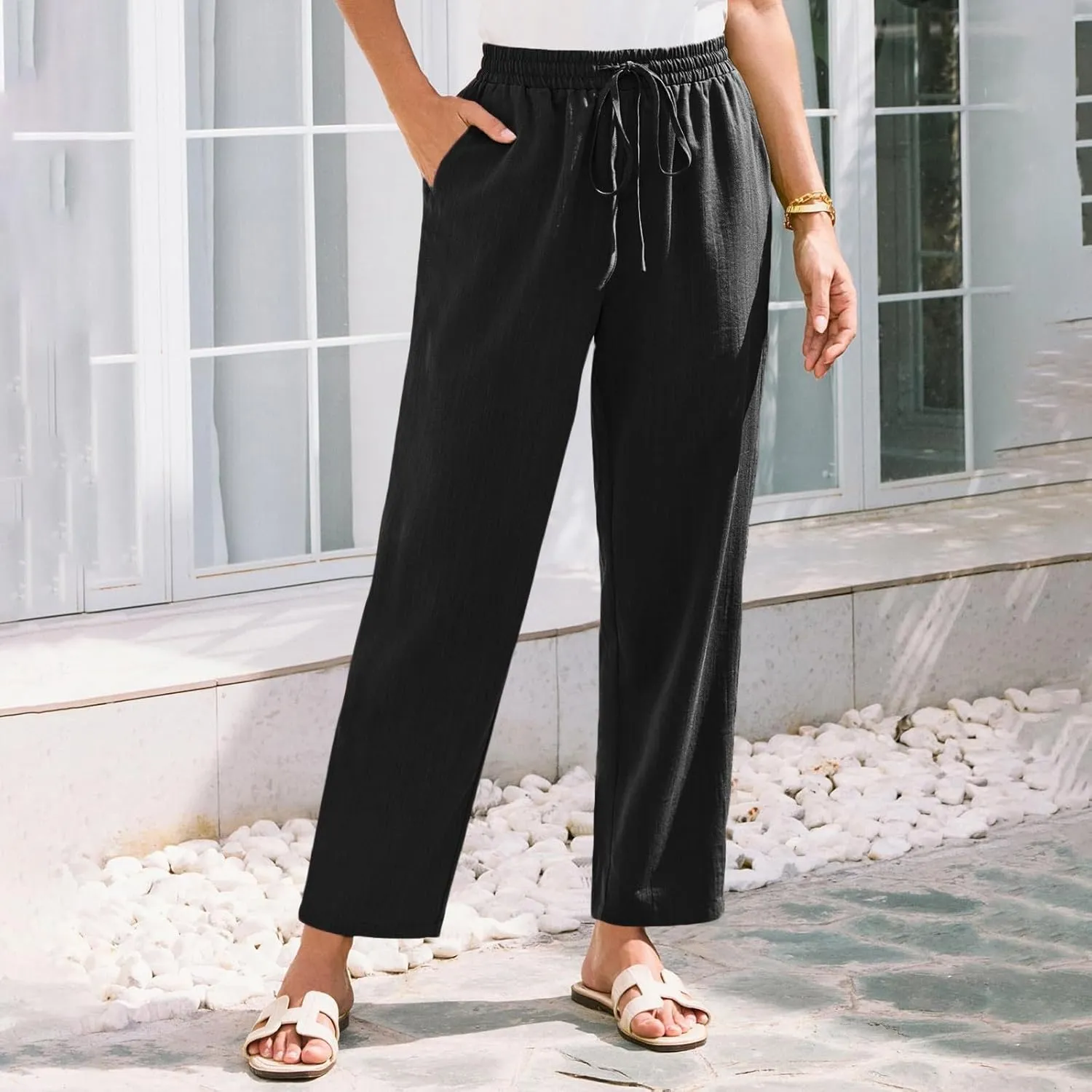 Women's Summer Drawstring Pants Wide Leg Loose Linen Capri Pants Elastic Waist Petite Casual Trousers with Pockets