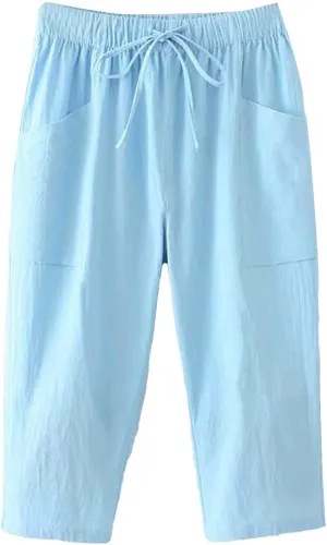 Womens Trousers Waist Loose Pocket Elastic Pants Three Quarter Pants Womens High Waist Casual Floral Print