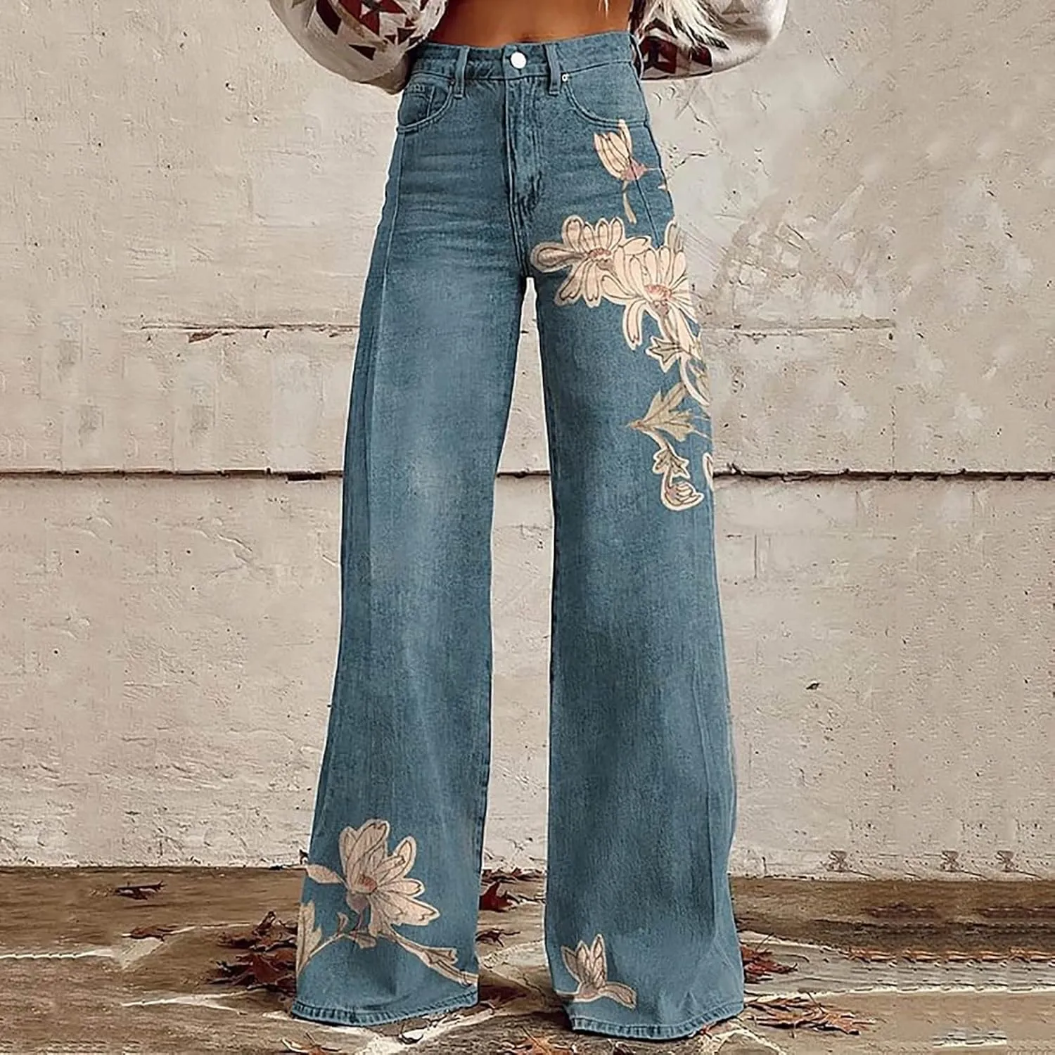Womens Vintage Wide Leg Pants Fashion High Waisted Casual Denim Pants 90s Floral Printed Pull On Baggy Trousers