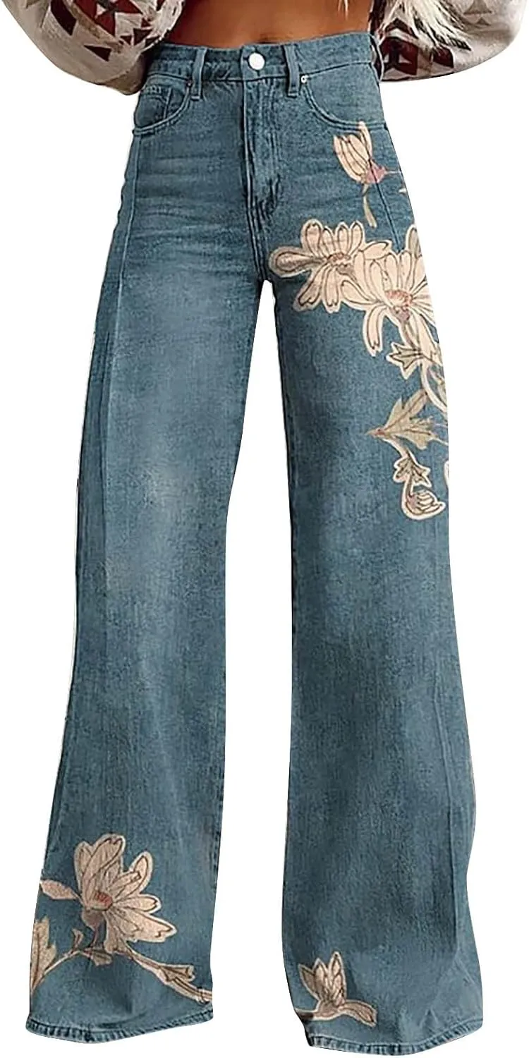 Womens Vintage Wide Leg Pants Fashion High Waisted Casual Denim Pants 90s Floral Printed Pull On Baggy Trousers