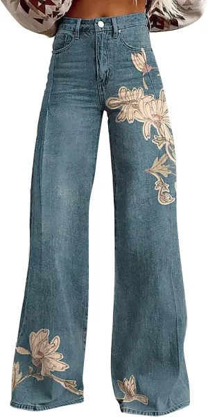 Womens Vintage Wide Leg Pants Fashion High Waisted Casual Denim Pants 90s Floral Printed Pull On Baggy Trousers