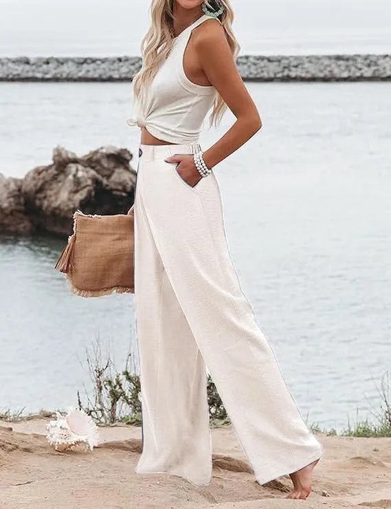 Women's Wide Leg Casual Long Pants High Elastic Waisted in The Back Business Offices Trousers Straight Pants with Pocket