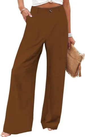 Women's Wide Leg Casual Long Pants High Elastic Waisted in The Back Business Offices Trousers Straight Pants with Pocket