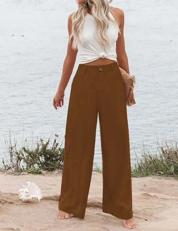 Women's Wide Leg Casual Long Pants High Elastic Waisted in The Back Business Offices Trousers Straight Pants with Pocket