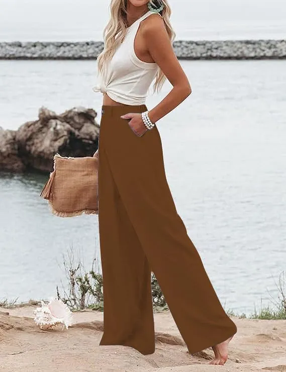 Women's Wide Leg Casual Long Pants High Elastic Waisted in The Back Business Offices Trousers Straight Pants with Pocket