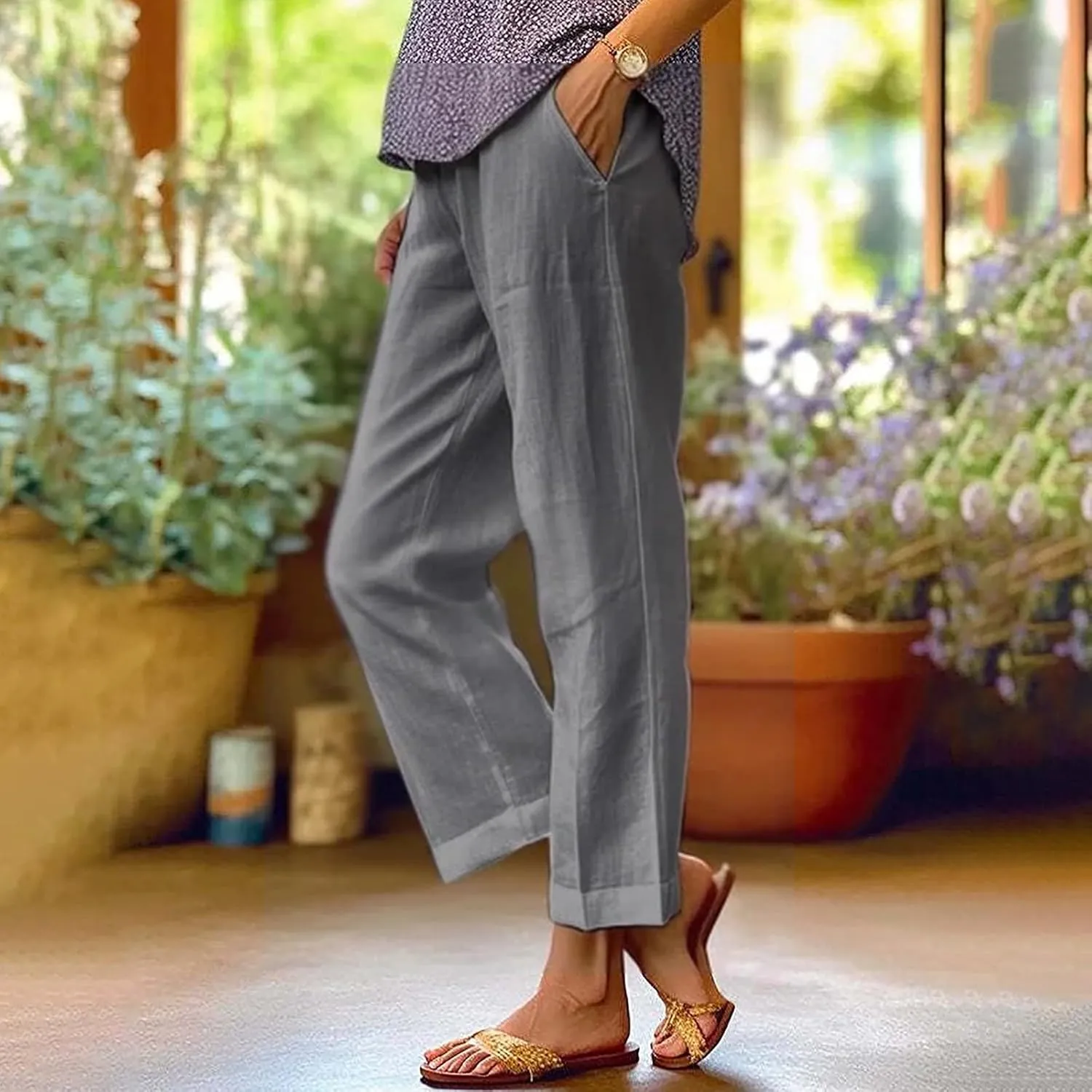 Womens Wide Leg Linen Pants Drawstring Elastic Waist Capri Pants Loose Summer Beach Lounge Trousers with Pockets