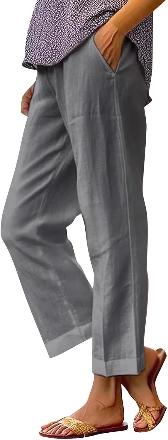 Womens Wide Leg Linen Pants Drawstring Elastic Waist Capri Pants Loose Summer Beach Lounge Trousers with Pockets