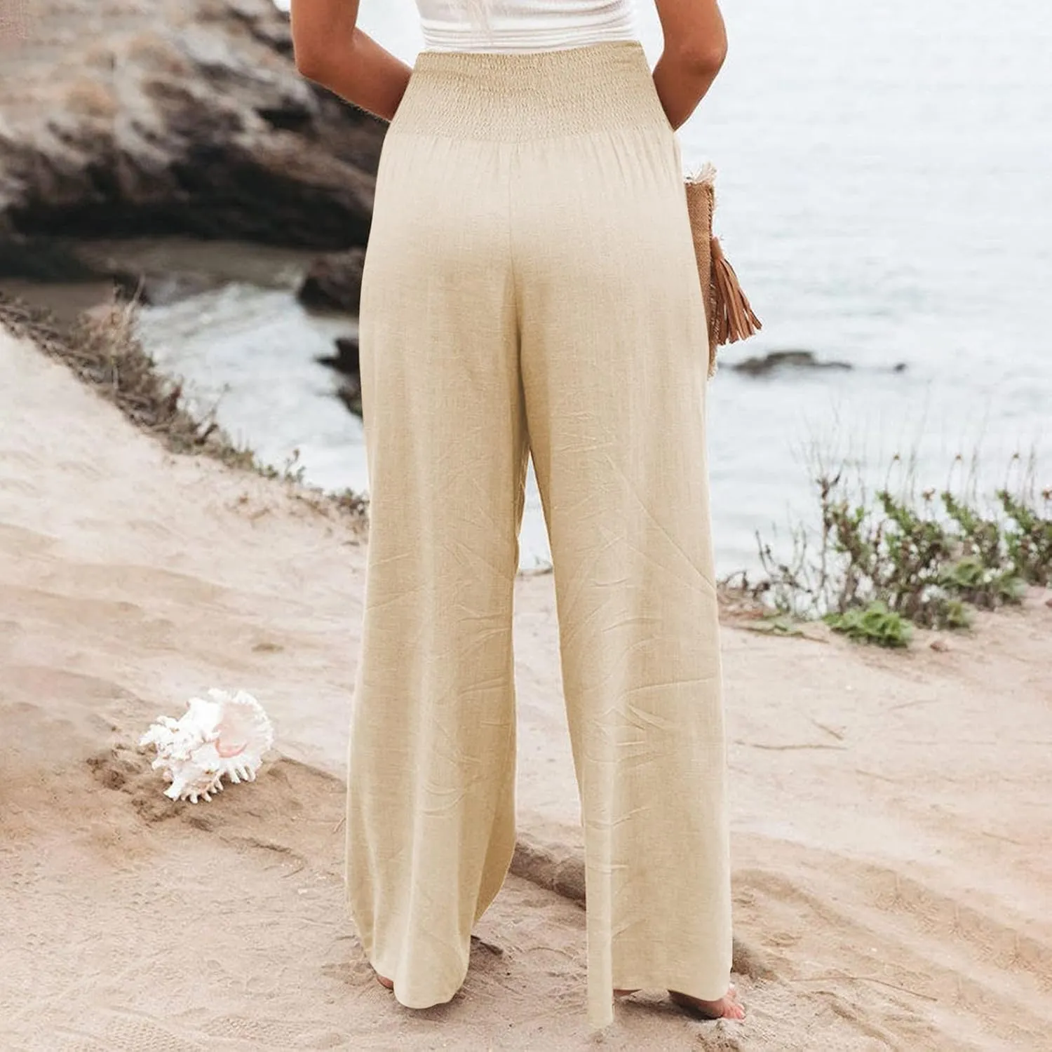 Womens Wide Leg Palazzo Pants Linen Pants 2024 Summer High Waisted Flowy Trousers Casual Lounge Pant with Pockets
